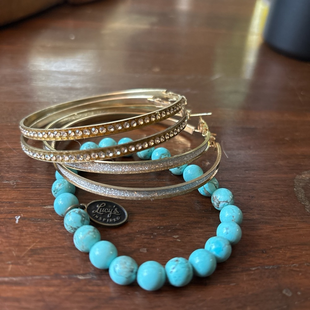 Turquoise bracelet and 2 sets of gold sparkly earrings